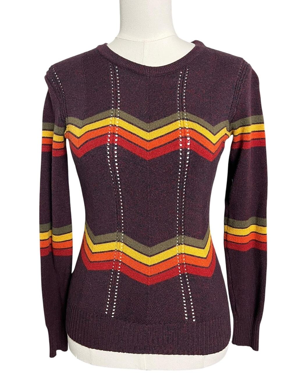 Retro Throwback Pullover Sweater Womens Small Purple Chevron Stripe Knit Top